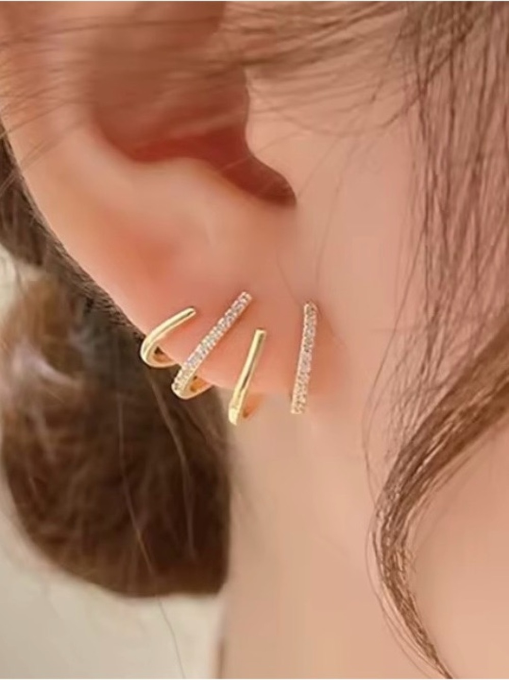 UNIQUE Stacked Cuff Post Earrings Gold Clear Crystal AU18
